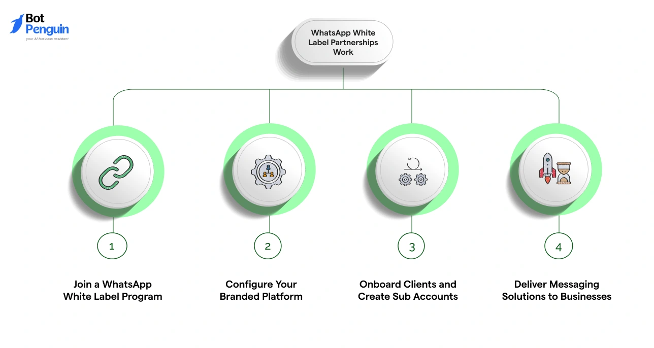 Steps showing how WhatsApp white label partnerships work.