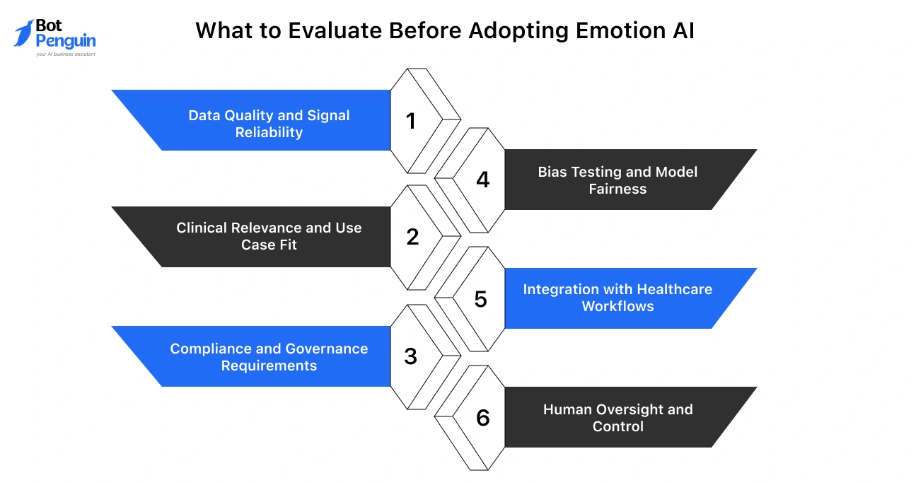Key factors to evaluate before adopting emotion AI in healthcare including data quality, bias testing, compliance, and human oversight.