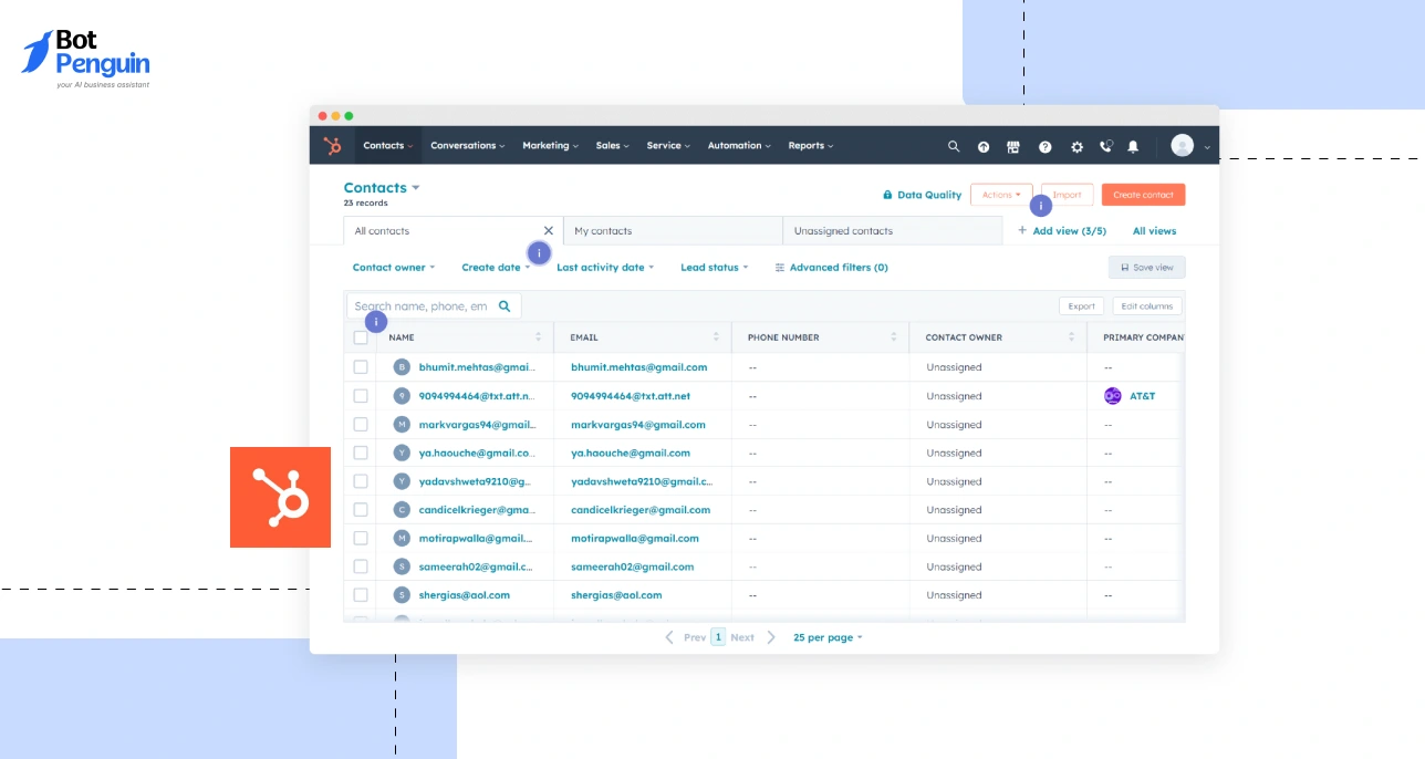 HubSpot CRM and marketing automation dashboard displaying contact management, campaign tracking, and customer data insights.