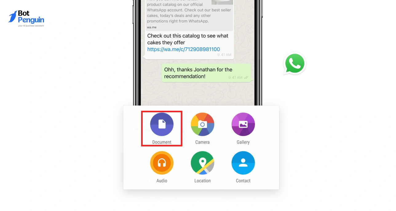 WhatsApp document sharing feature showing how users can send files like PDFs, images, audio, and contacts directly in chat.