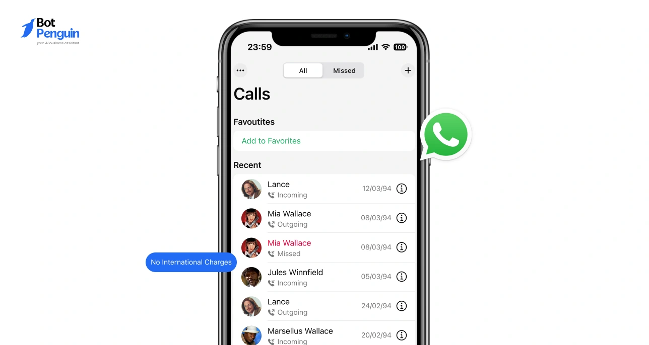 WhatsApp call interface showing international calling without extra charges using internet-based communication.