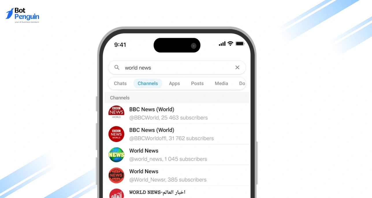 Telegram app interface showing search results for channels like BBC News and world news using Telegram search feature.