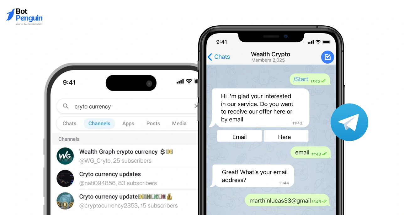 Telegram group and channel search with chatbot interaction showing crypto channels and automated responses for user queries.