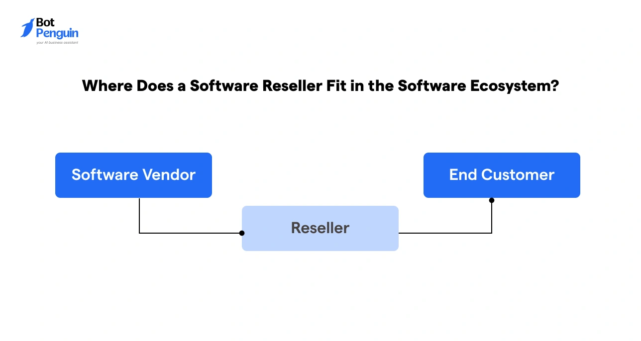 Position of software reseller in ecosystem connecting software vendor and end customer as a middle layer.