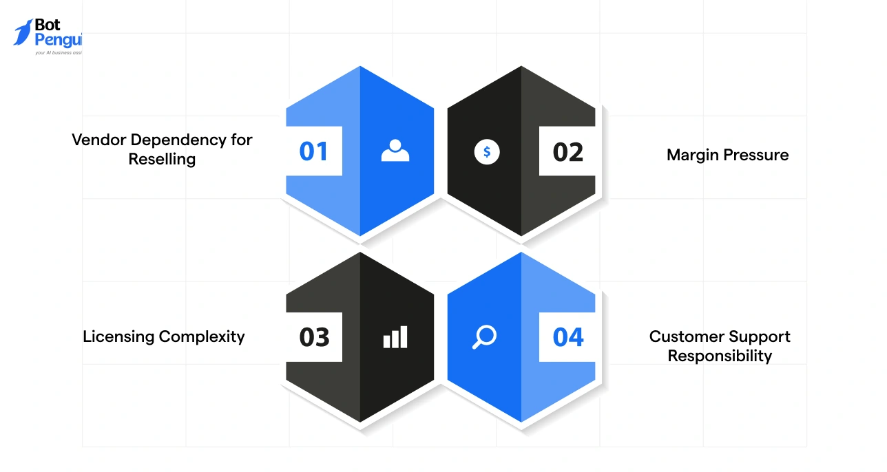 Key challenges of software reseller business including vendor dependency, margin pressure, licensing complexity, and customer support responsibility.