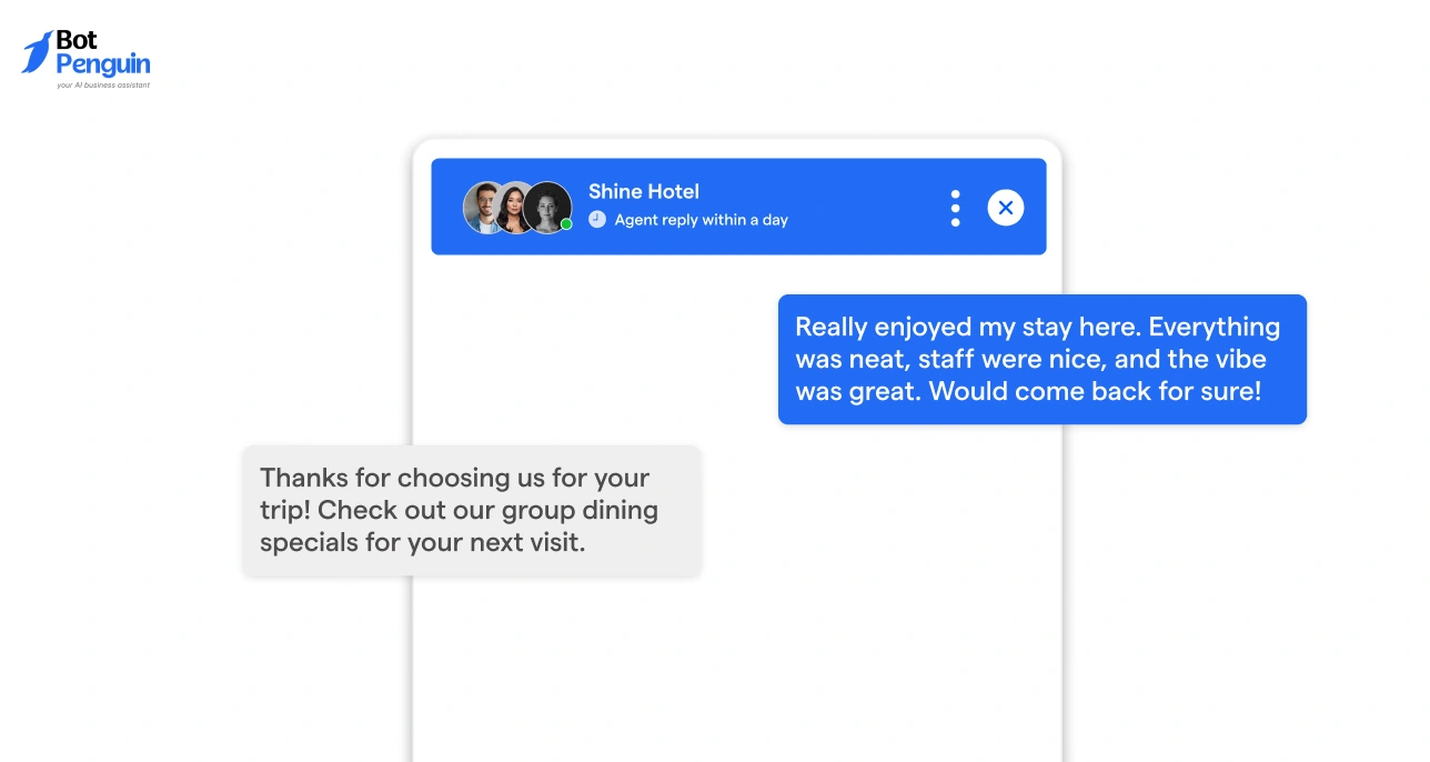 Automated in-app hotel thank you message showing guest feedback and follow-up communication through chatbot.