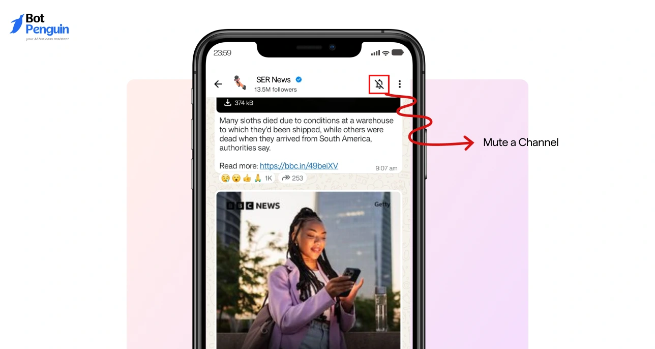 Steps to mute a WhatsApp channel by tapping the bell icon to stop notifications from channel updates.