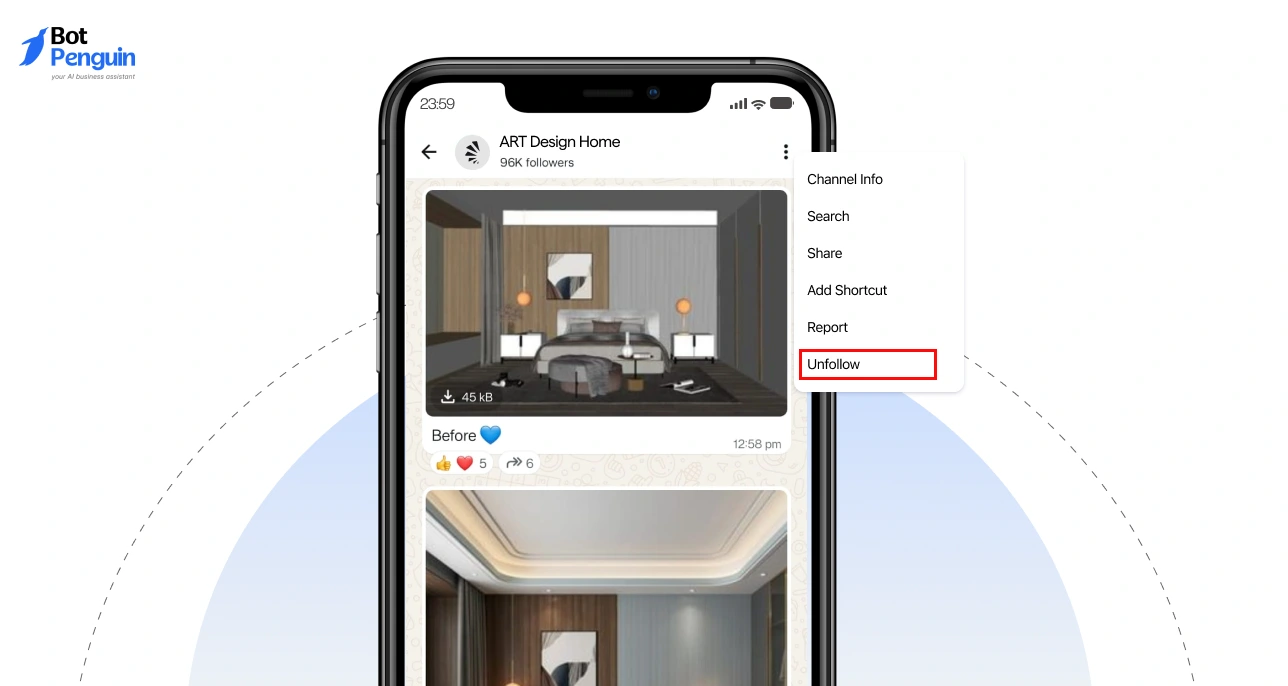 How to unfollow a WhatsApp channel using the menu option to stop receiving updates and clean the Updates tab.