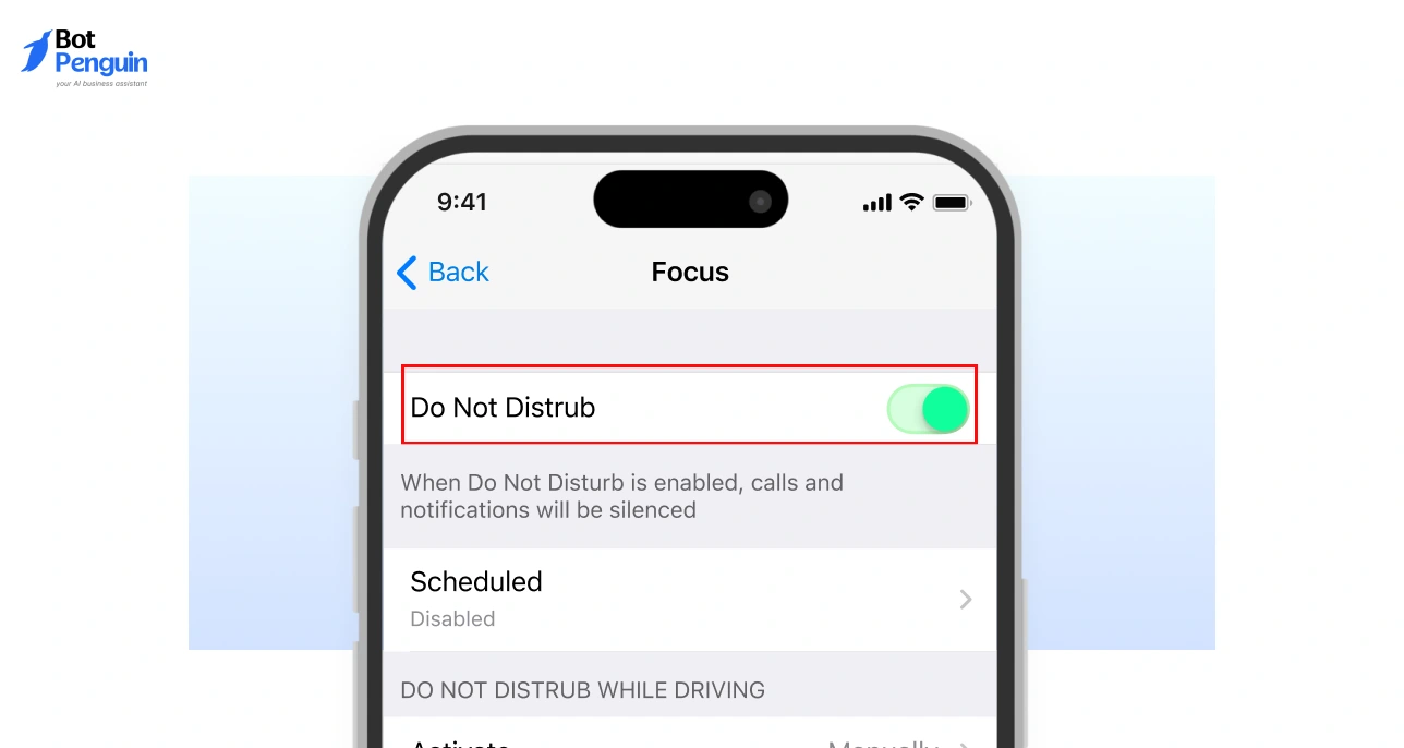 Using Do Not Disturb or Focus mode on smartphone to silence WhatsApp channel notifications and reduce distractions.