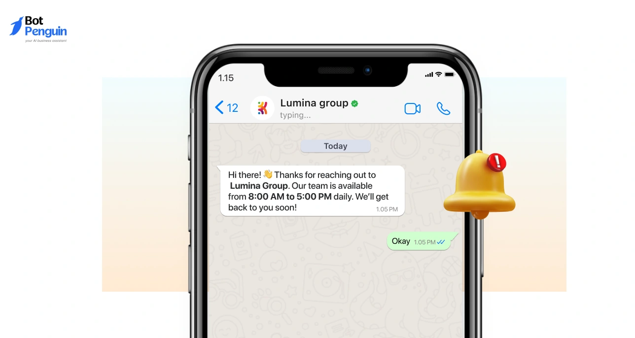 WhatsApp Business greeting message displaying business hours notification and automated response for customer queries.