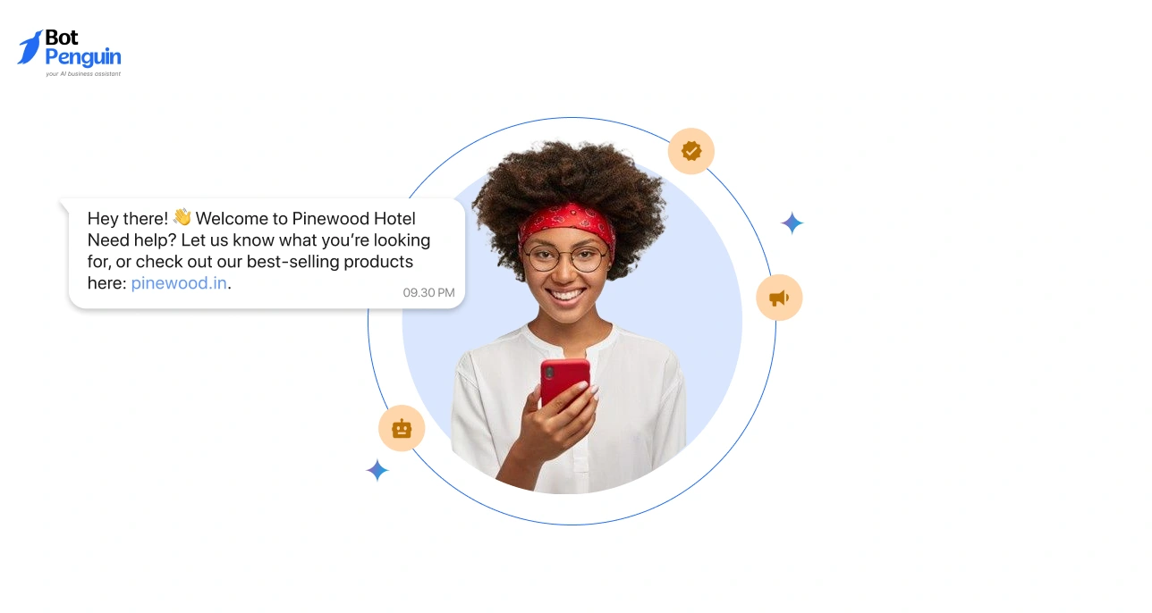 WhatsApp greeting message example welcoming users and promoting products with a personalized message for better engagement.