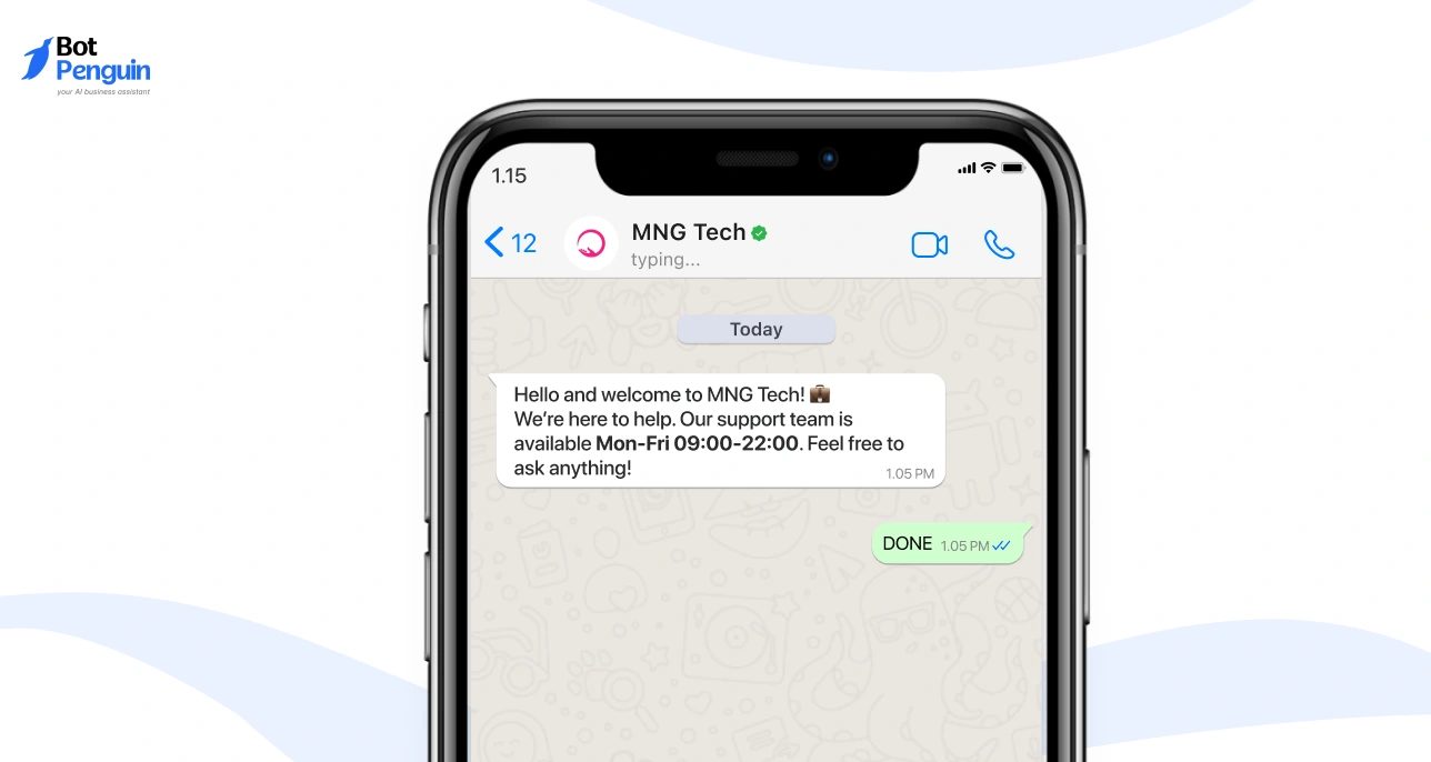 Automated WhatsApp Business welcome message introducing support availability and encouraging customers to ask questions.
