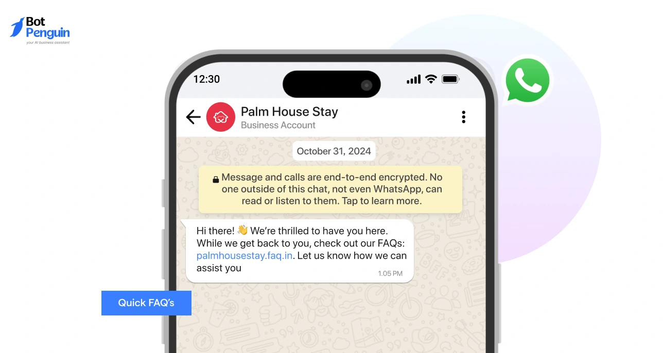 WhatsApp Business greeting message with quick FAQ link to provide instant answers and reduce customer support workload.