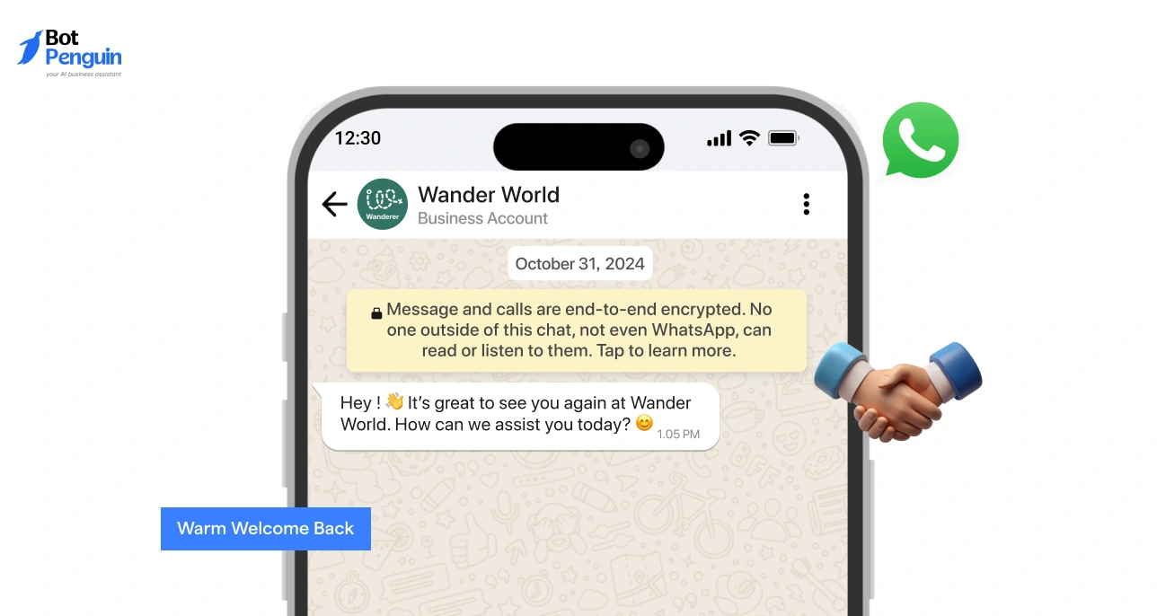 WhatsApp Business returning customer greeting message offering a warm welcome back and personalized assistance.