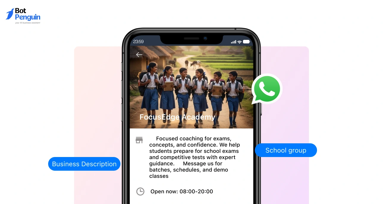 WhatsApp Business profile description example for coaching center showing school group services, class details, and contact information.