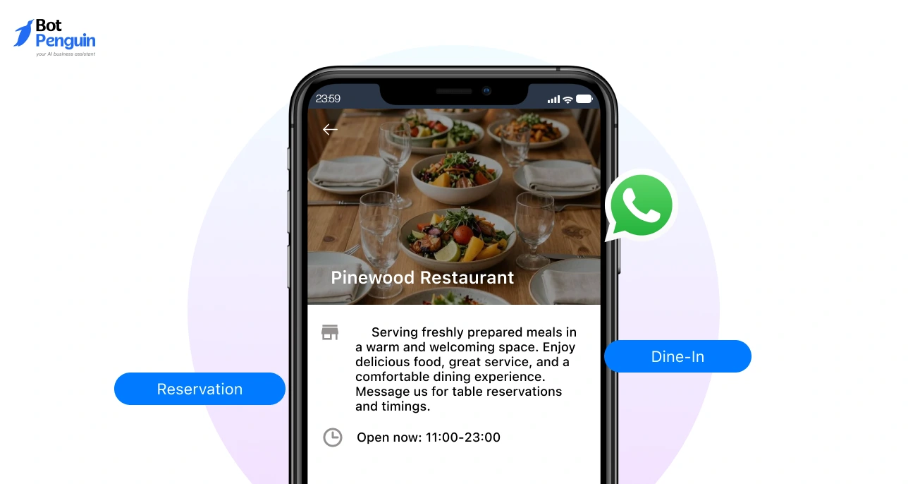 WhatsApp Business description for restaurant highlighting dine-in services, menu offerings, and reservation details for customers.
