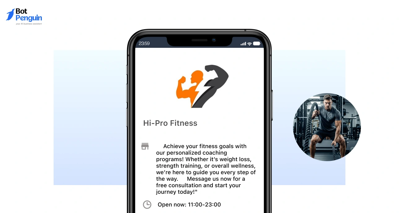 WhatsApp Business profile description example for fitness coaching showcasing personalized training programs and consultation call-to-action.