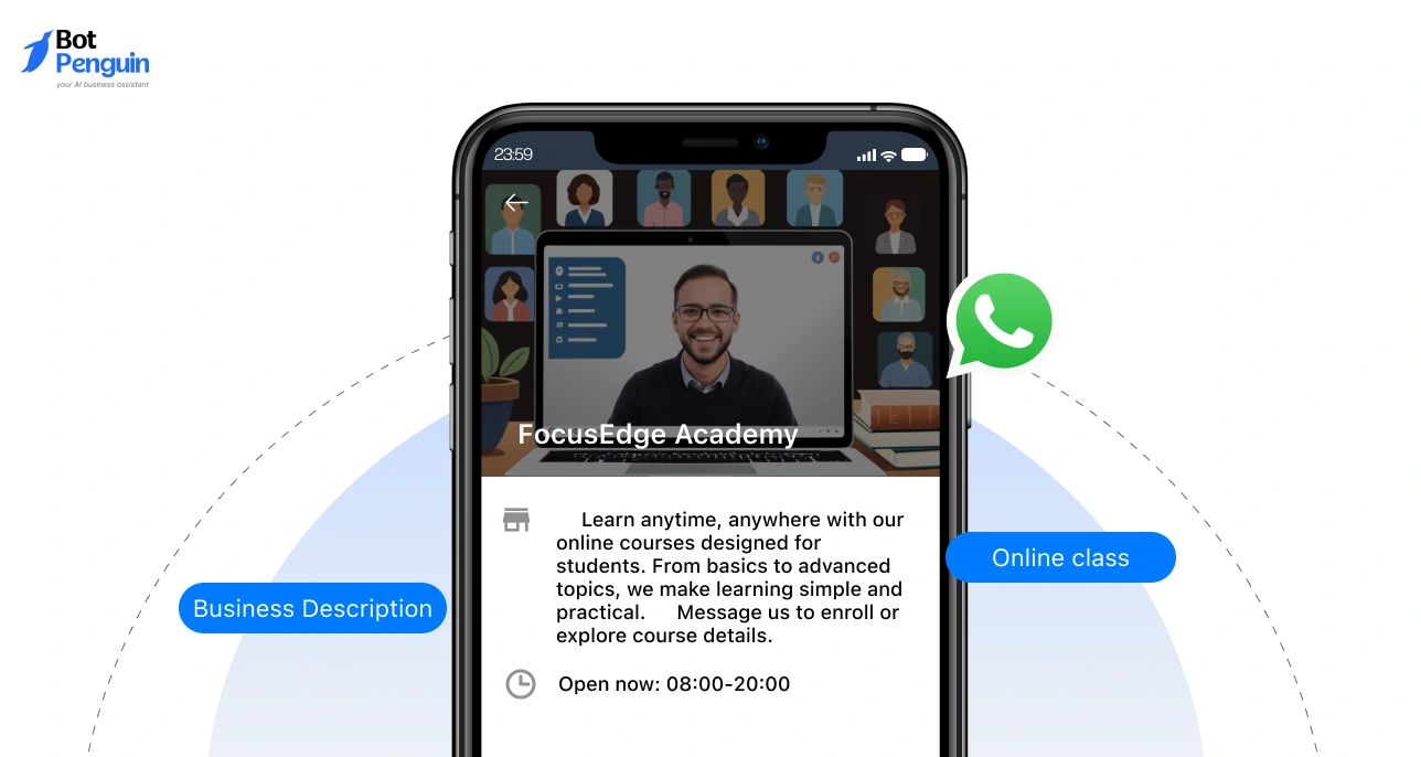 WhatsApp Business description example for online courses highlighting flexible learning, course details, and enrollment call-to-action.
