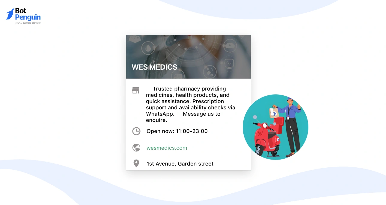 WhatsApp Business profile for pharmacy showing medicine delivery services, prescription support, and contact details for quick assistance.