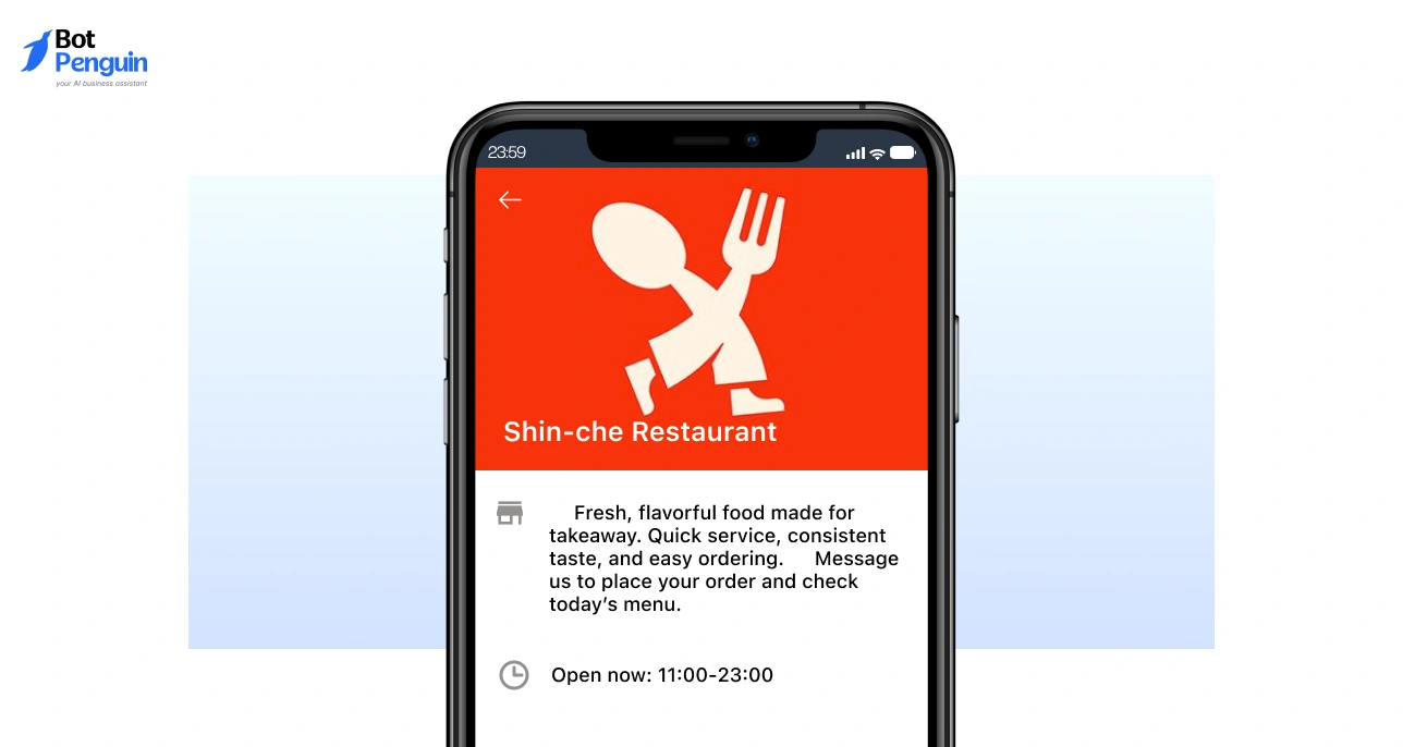 WhatsApp Business description example for takeaway restaurant emphasizing quick service, menu access, and easy ordering via chat.