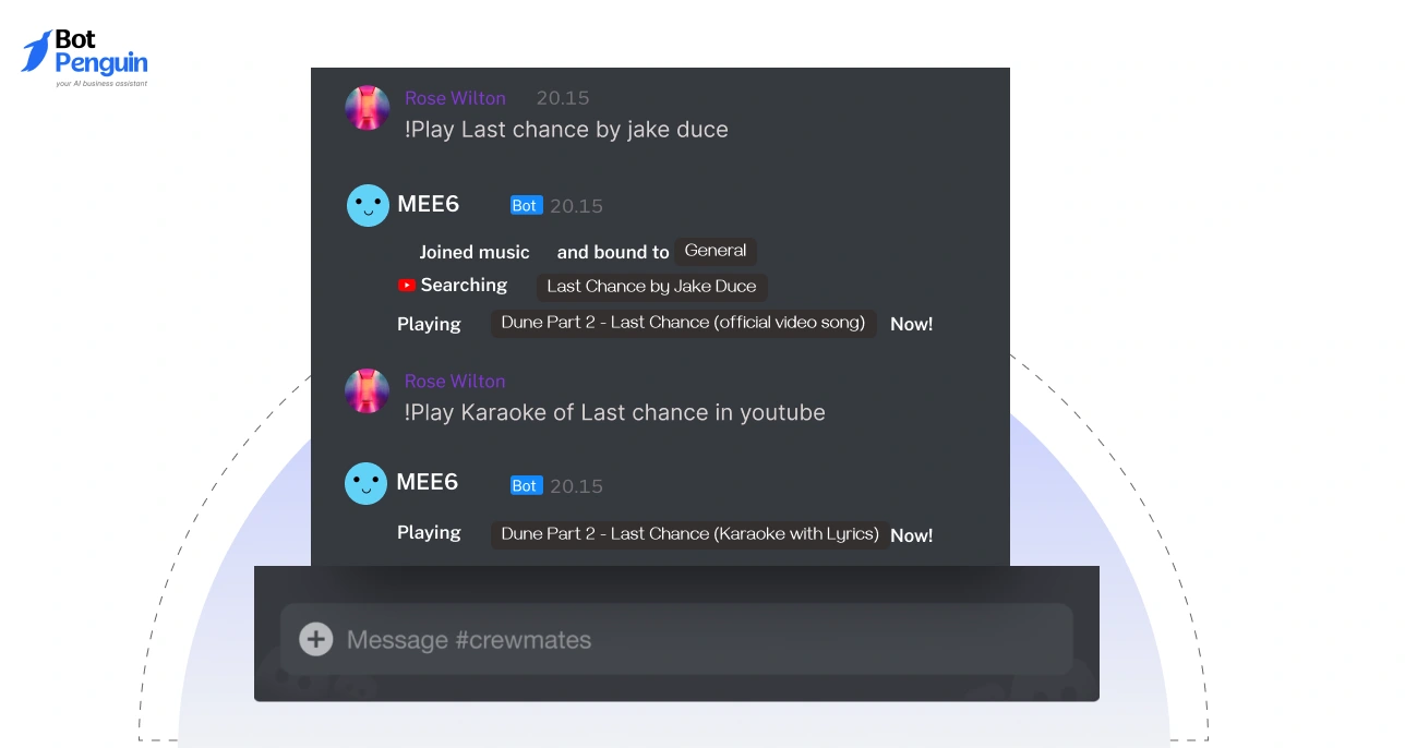MEE6 Discord bot playing music commands example showing song request and playback response in a server chat.