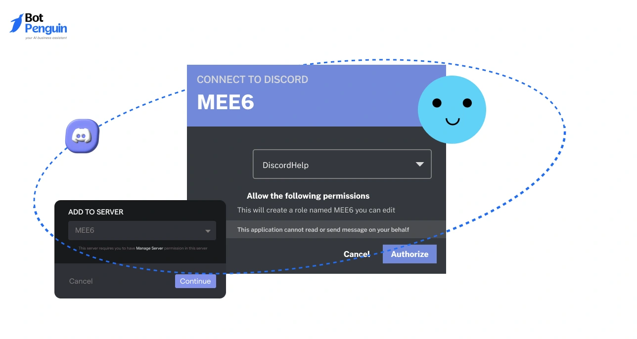 Connect MEE6 to Discord server interface showing authorization screen and permission settings for bot integration.
