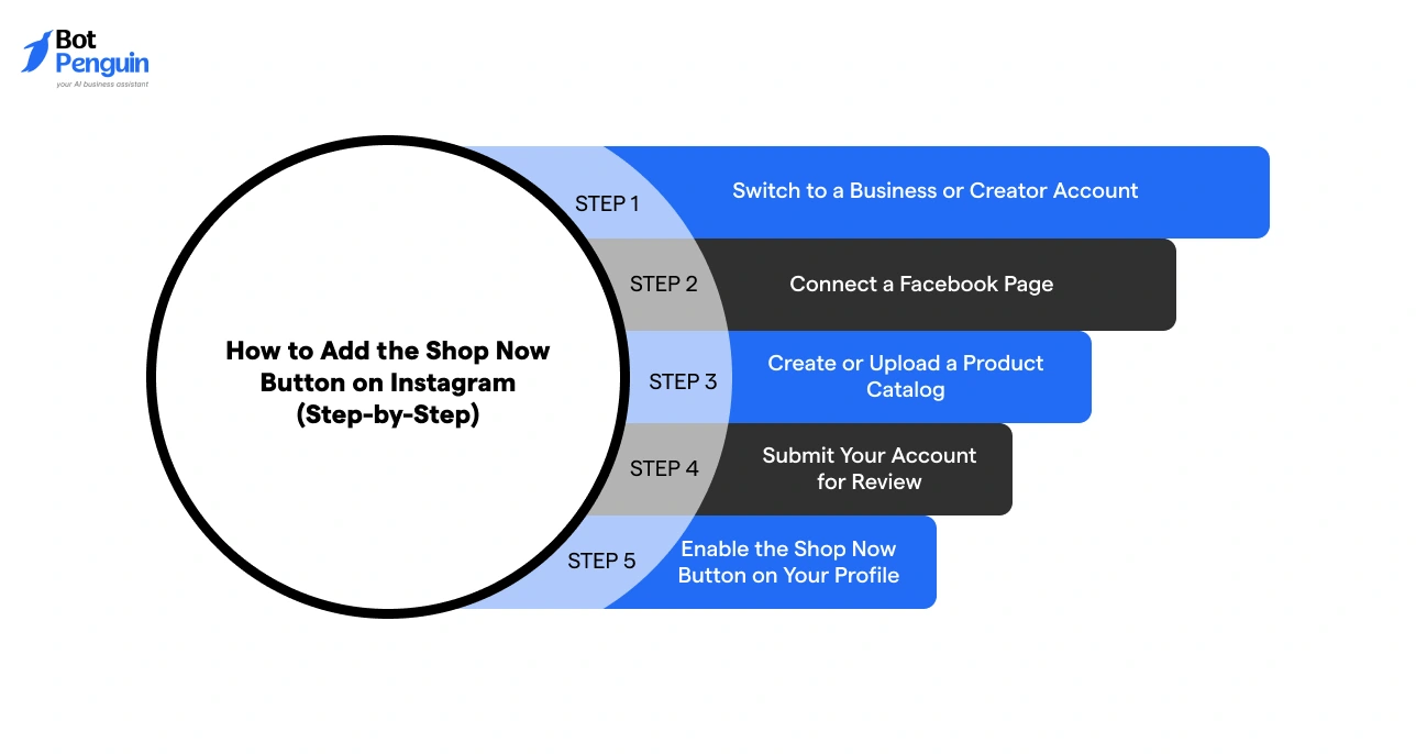 Step-by-step guide to add Shop Now button on Instagram including switching to business account, connecting Facebook page, uploading catalog, and enabling shop feature.