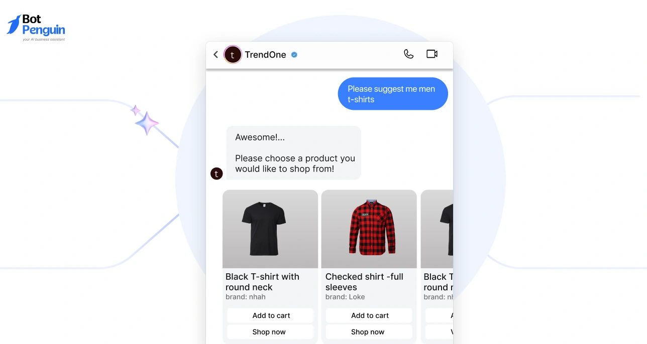 Instagram chatbot interface showing automated product recommendations, product cards, and in-chat shopping experience for increasing ecommerce sales.