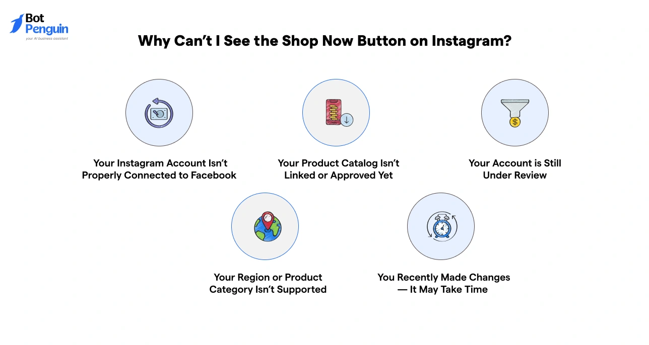Reasons why Shop Now button is not visible on Instagram such as unlinked Facebook page, unapproved catalog, account review status, or unsupported region.