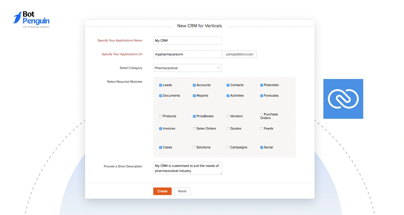 Zoho CRM vertical setup interface showing customization options, module selection, and business-specific CRM configuration for resellers.