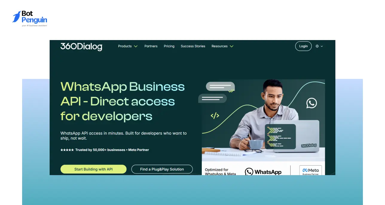 360dialog WhatsApp Business API platform dashboard showing direct API access for developers with messaging automation and integration capabilities.