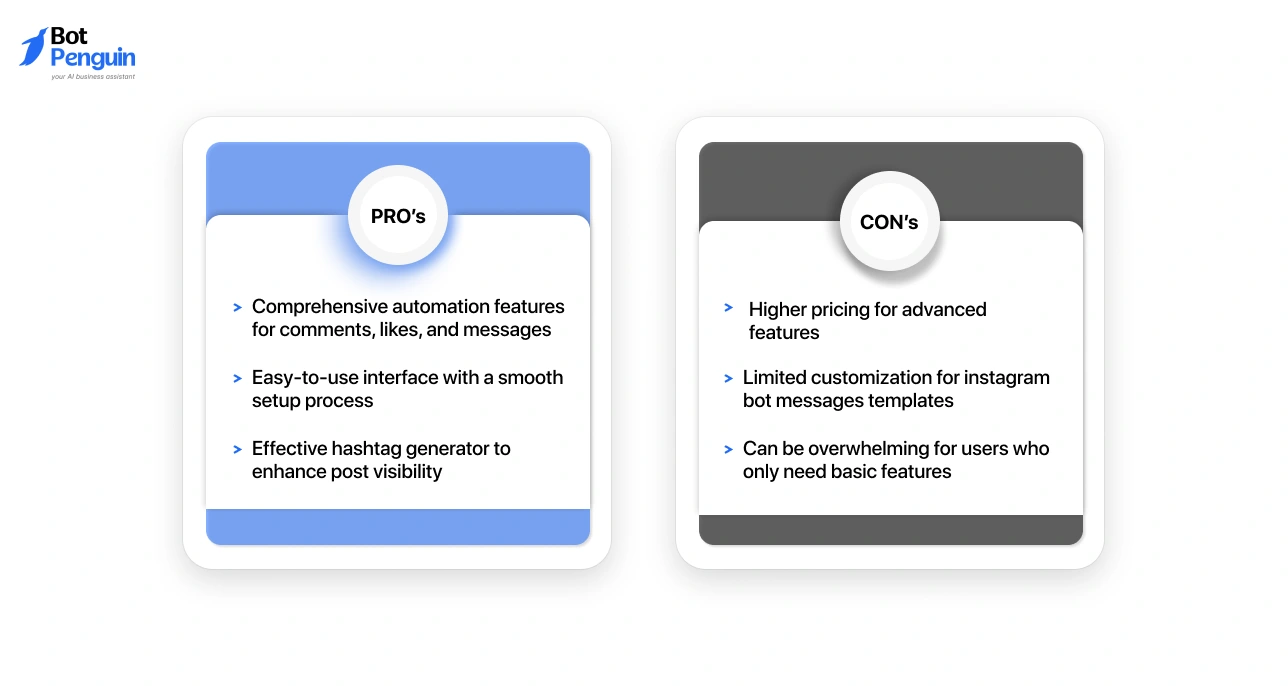 Ingramer Instagram bot pros and cons including automation features, ease of use, hashtag generator benefits, pricing limitations, and customization drawbacks.