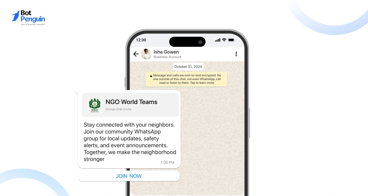WhatsApp group invitation example for local community updates showing message about safety alerts, events, and neighborhood engagement with join button.