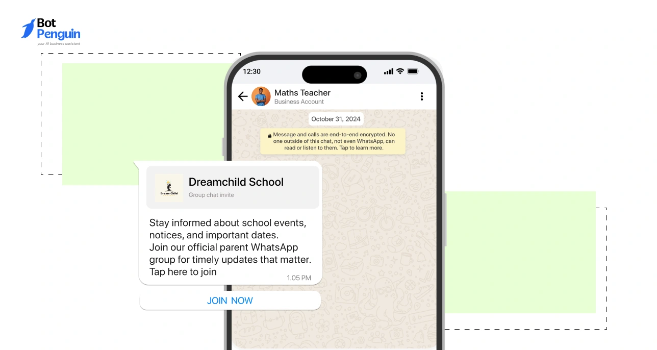 WhatsApp group invitation message for school updates informing parents about events, notices, and important announcements with join now button.