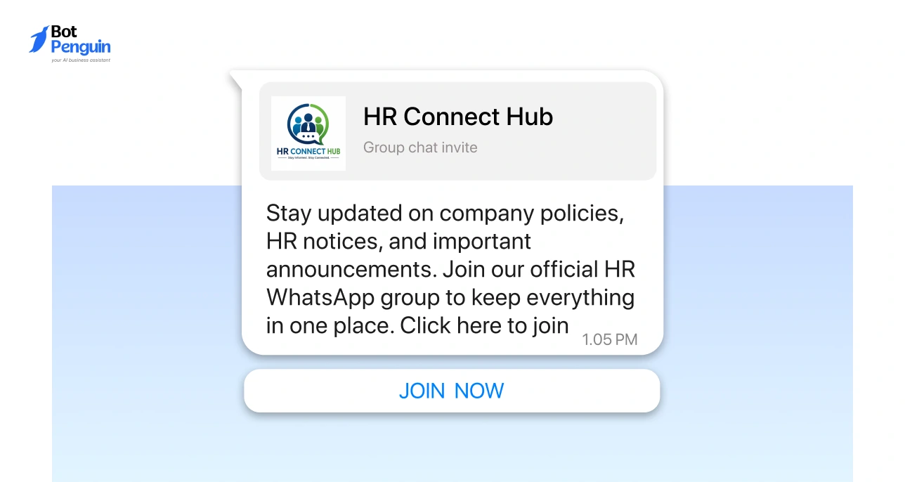 HR WhatsApp group invitation message example for sharing company policies, announcements, and updates with employees and join link CTA.