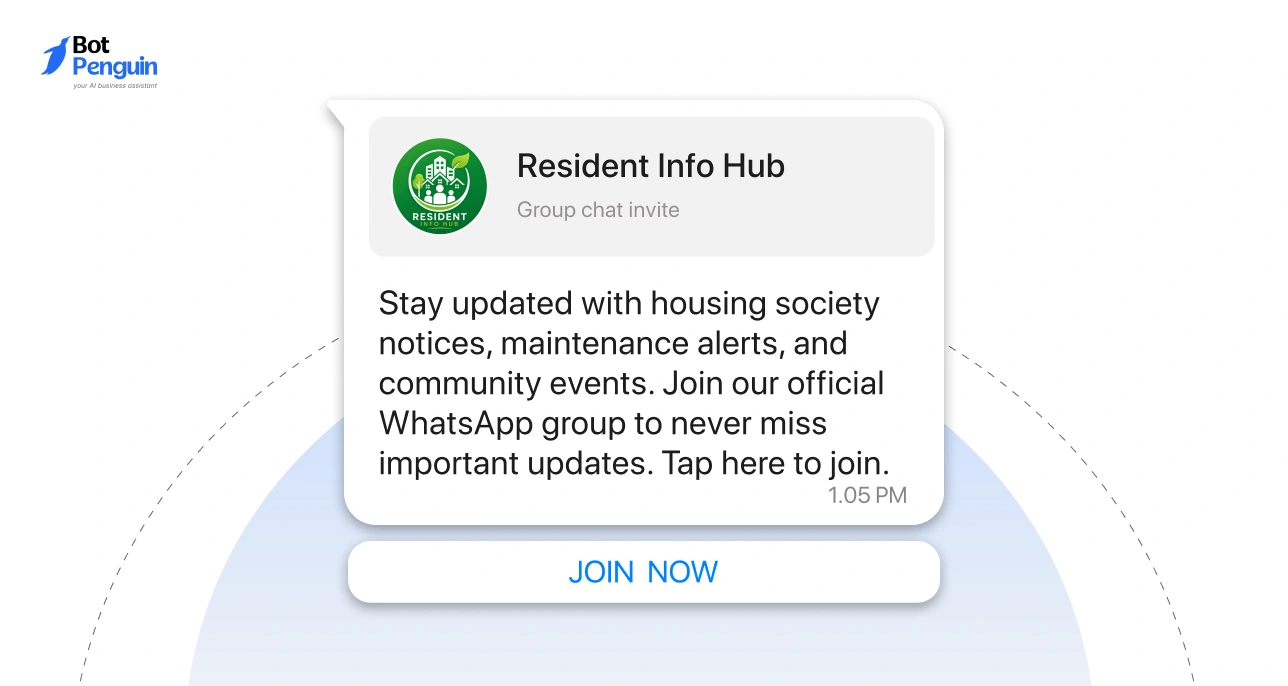 WhatsApp group invitation message for housing society updates including maintenance alerts, notices, and community events with join button.