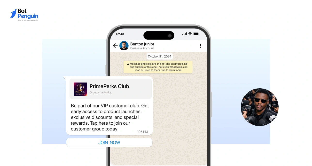 WhatsApp VIP group invitation message offering exclusive deals, early product access, and rewards with a strong join now call to action.