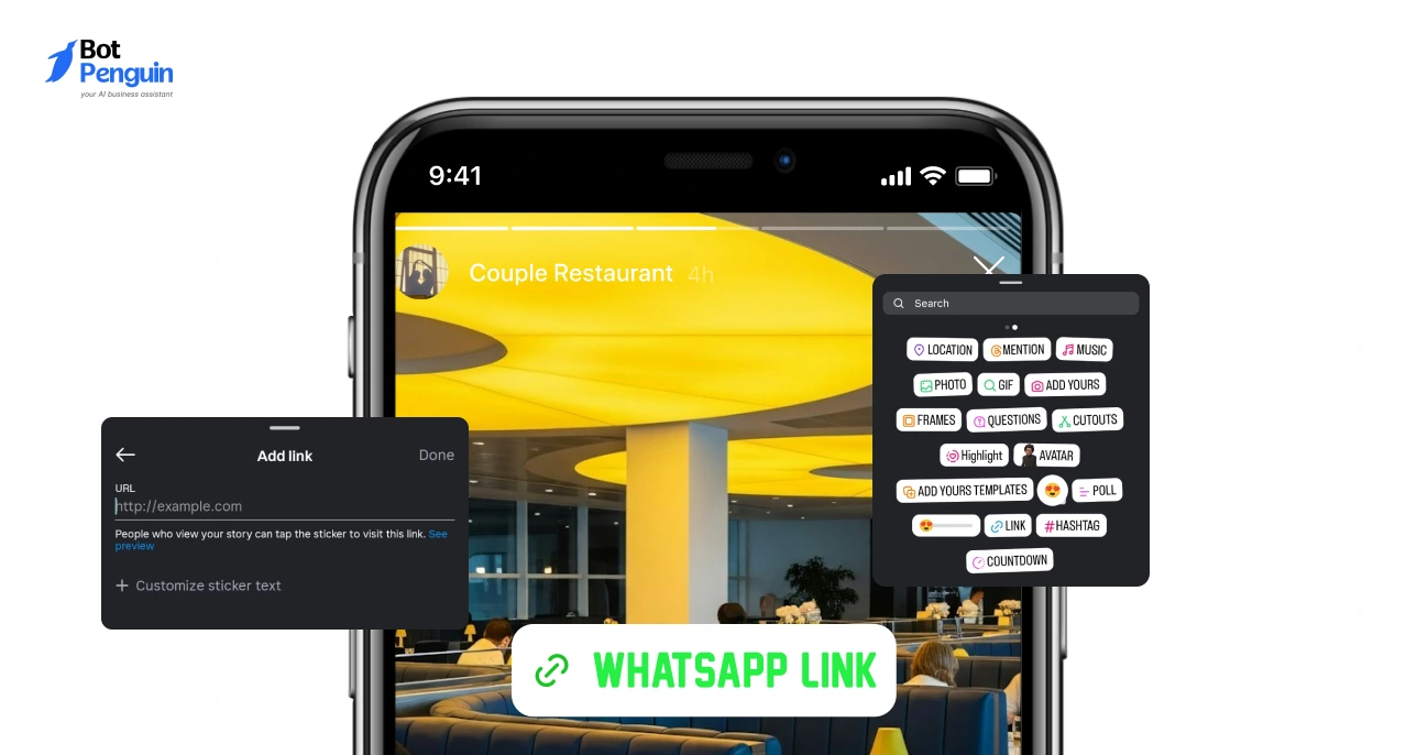 Instagram story with WhatsApp link sticker and link setup screen