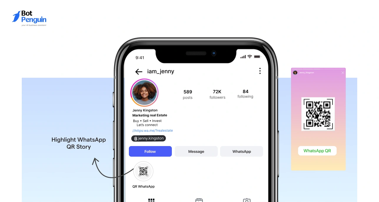 Instagram profile showing WhatsApp QR code highlight for easy access
