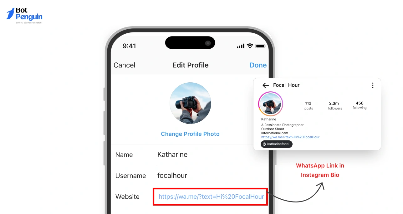 Instagram bio with clickable WhatsApp link for business contact