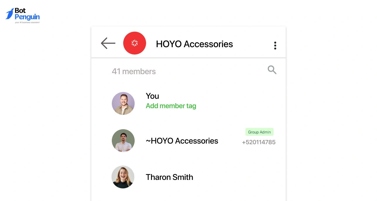 WhatsApp group member list showing visible phone numbers and contacts inside a business WhatsApp group conversation.