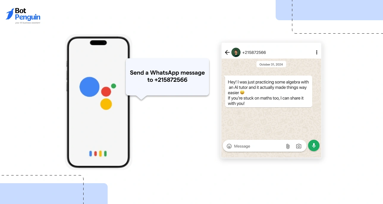Using Google Assistant on Android to send a WhatsApp message without saving a contact number through voice command automation.