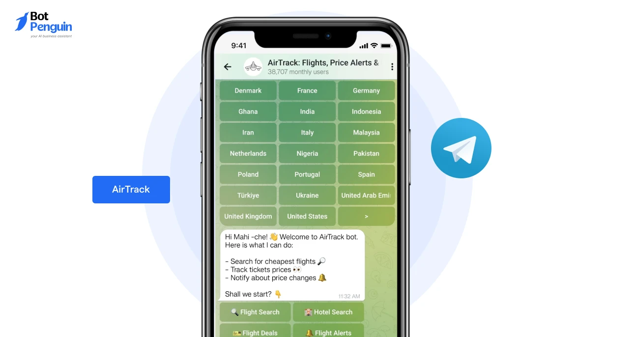 AirTrack Telegram bot helping users search cheap flights, track ticket prices, receive travel alerts, and find hotel deals through Telegram.
