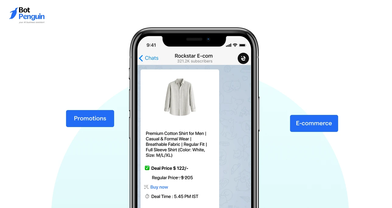 Telegram e-commerce bot promoting clothing deals with product pricing, discounts, and direct buy options inside Telegram chat.