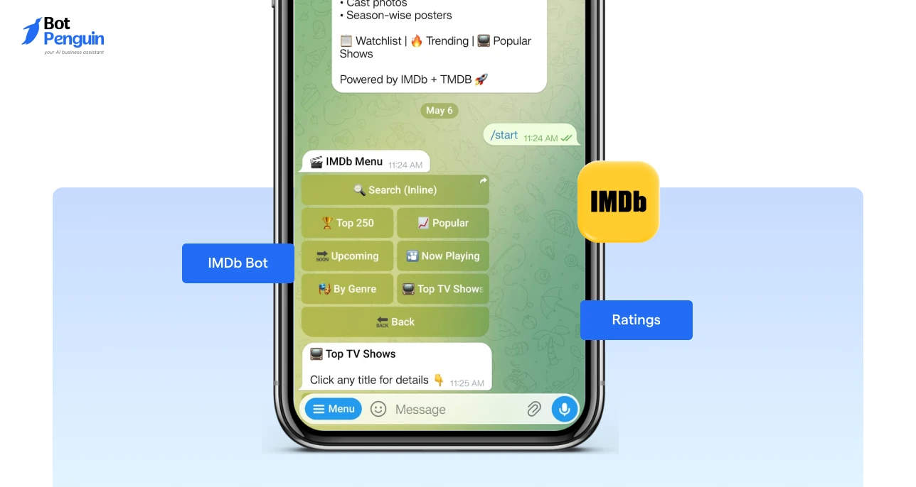 IMDb Telegram bot displaying movie ratings, trending shows, top TV shows, genres, and entertainment recommendations inside Telegram.