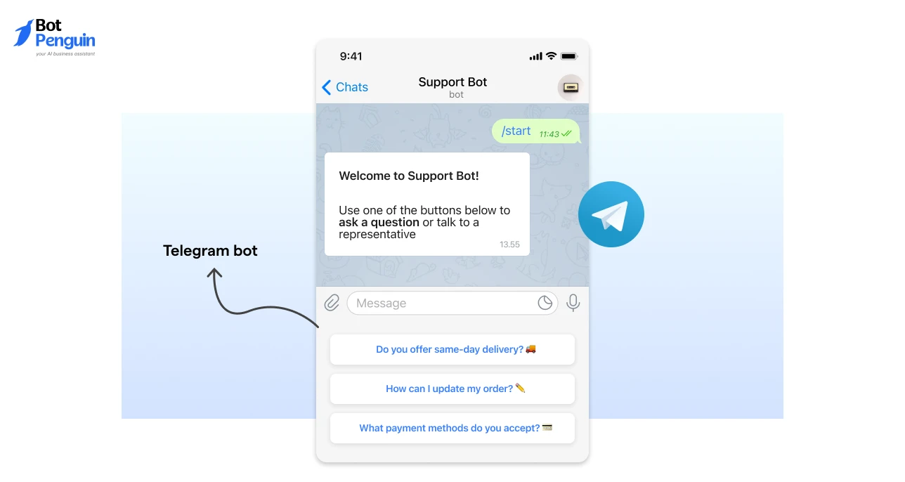 Telegram support bot providing automated customer service with quick reply buttons for delivery updates, payments, and order tracking.