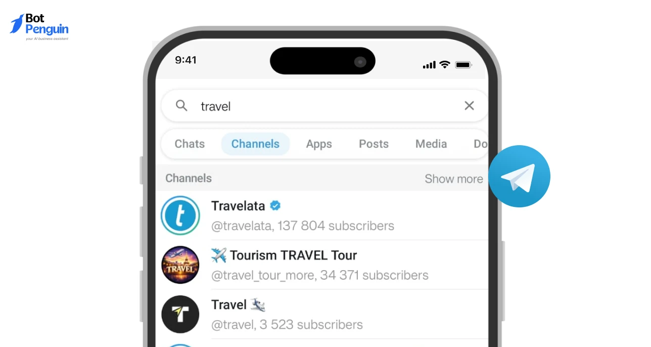 Telegram app showing travel-related Telegram channels and verified communities for content discovery and audience engagement.