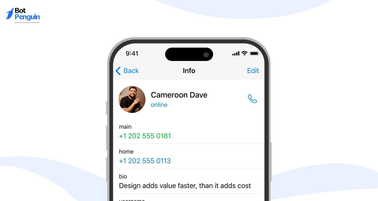 Telegram user profile page displaying contact information, phone numbers, online status, and personal bio details.
