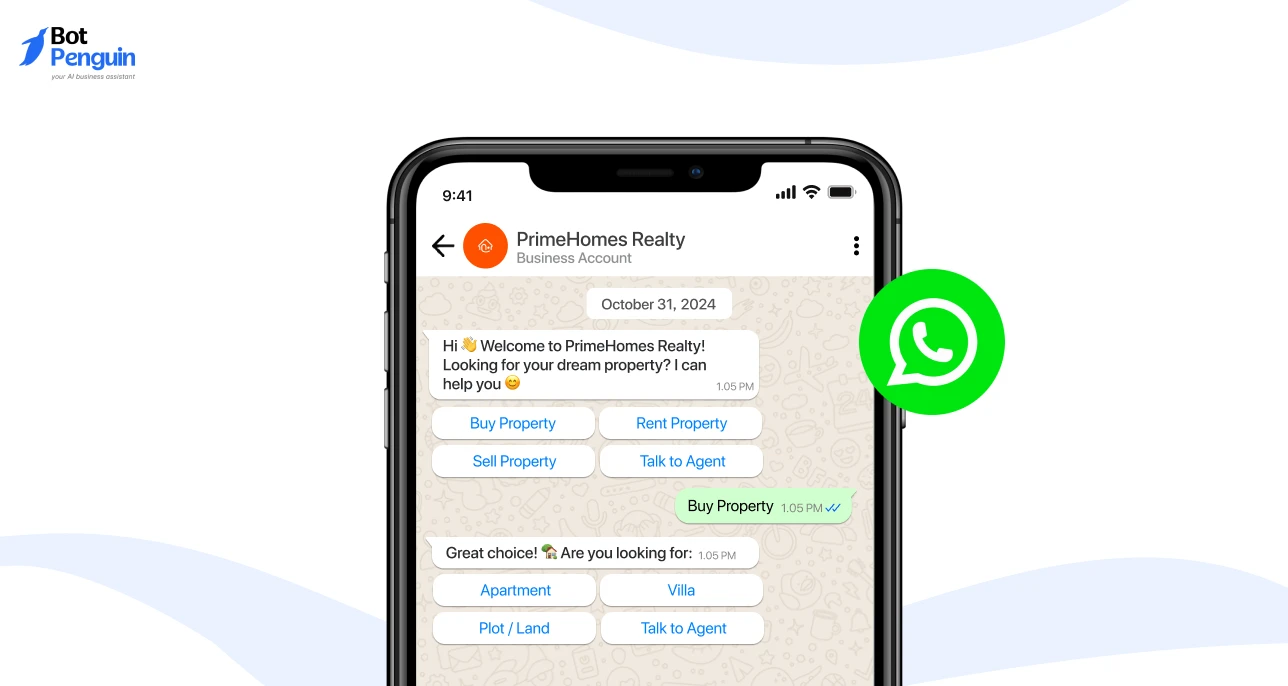 WhatsApp real estate AI chatbot helping buyers search, rent, and buy properties through automated conversations and quick replies.