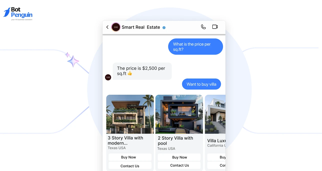 Instagram AI chatbot for real estate showing automated property recommendations, pricing responses, and property listing conversations.